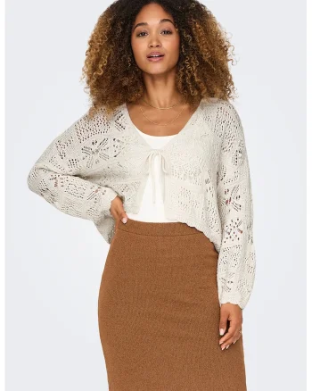 Cardigan tricotat cu insertii de bumbac, Alb fildes