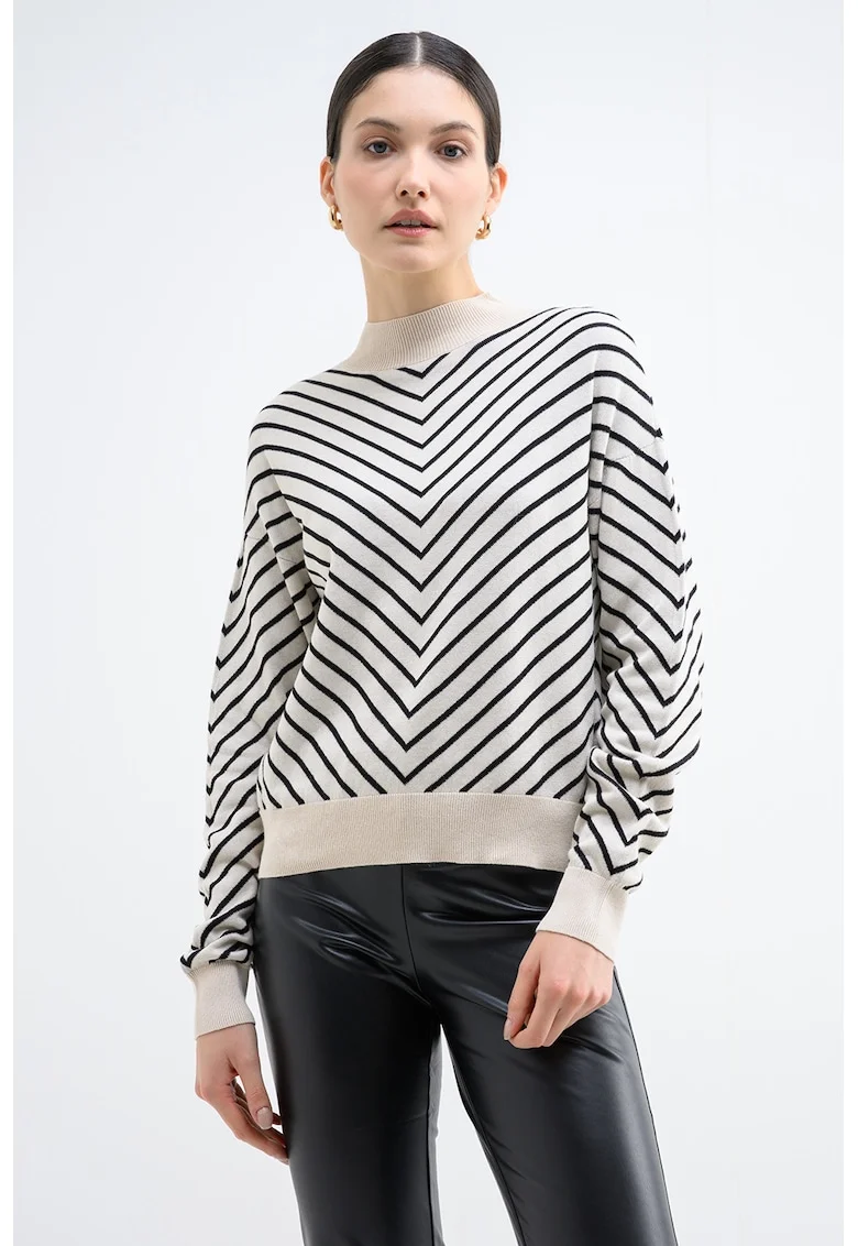 Pulover din amestec de modal cu dungi, Alb fildes/Negru