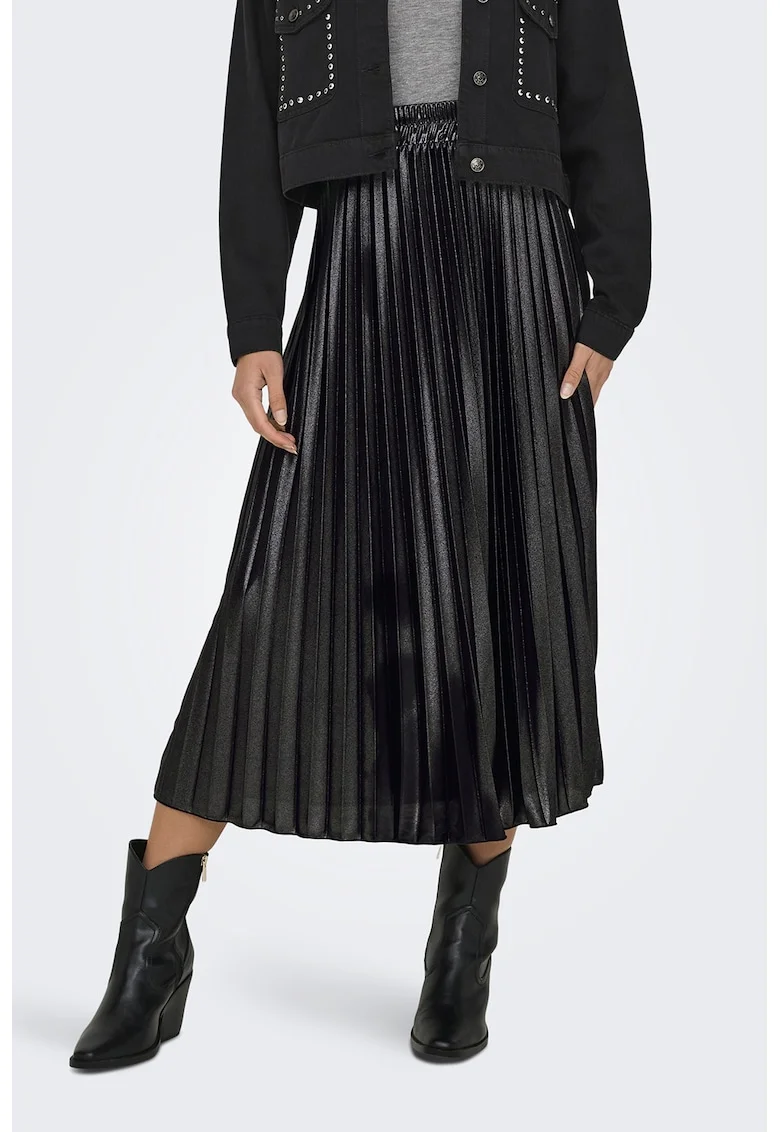 Fusta midi de satin cu pliuri, Negru