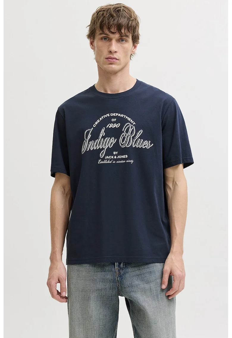 Tricou de bumbac organic cu imprimeu logo, Bleumarin
