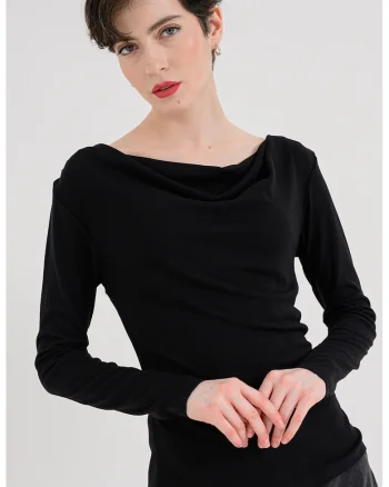 Bluza slim fit cu decolteu drapat, Negru