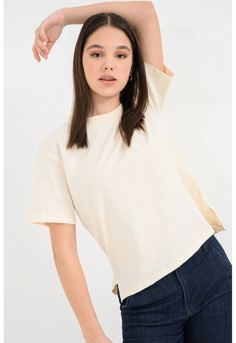 Tricou din bumbac cu decolteu la baza gatului, Galben pal
