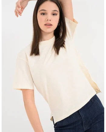Tricou din bumbac cu decolteu la baza gatului, Galben pal