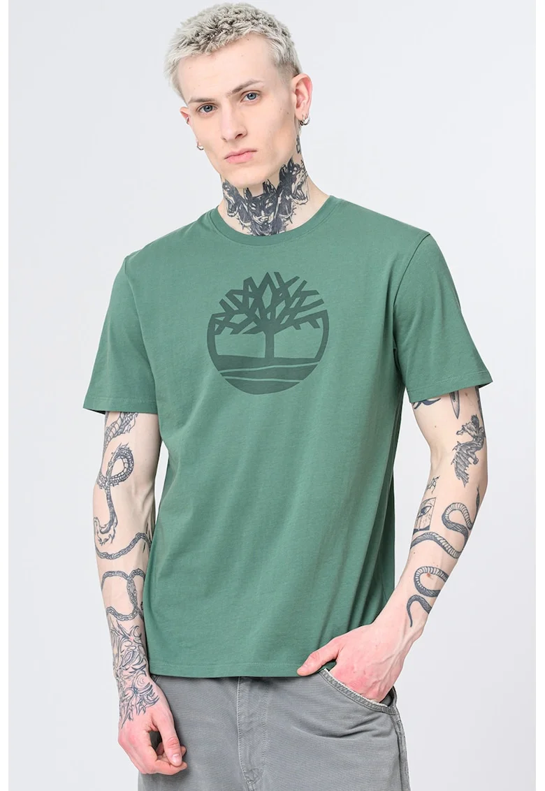 Tricou de bumbac cu logo Kennebec River Tree, Alb optic/Verde feriga