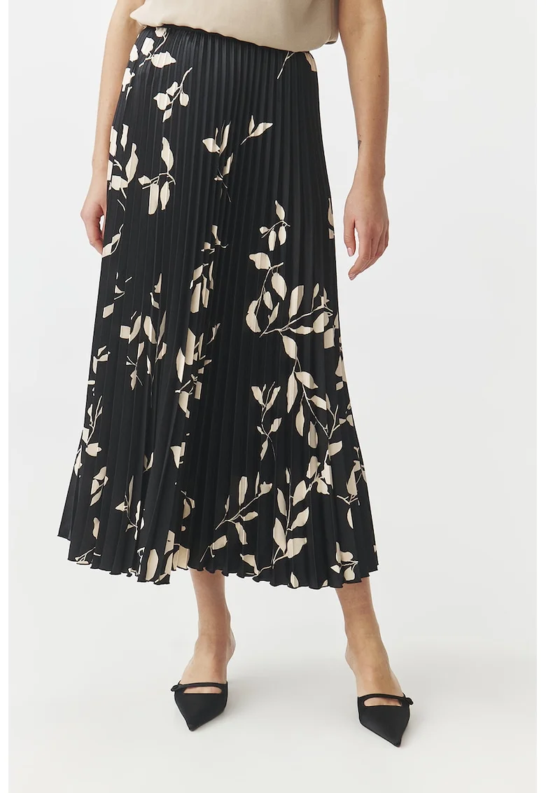 Fusta plisata cu model Mirama, Negru/Bej