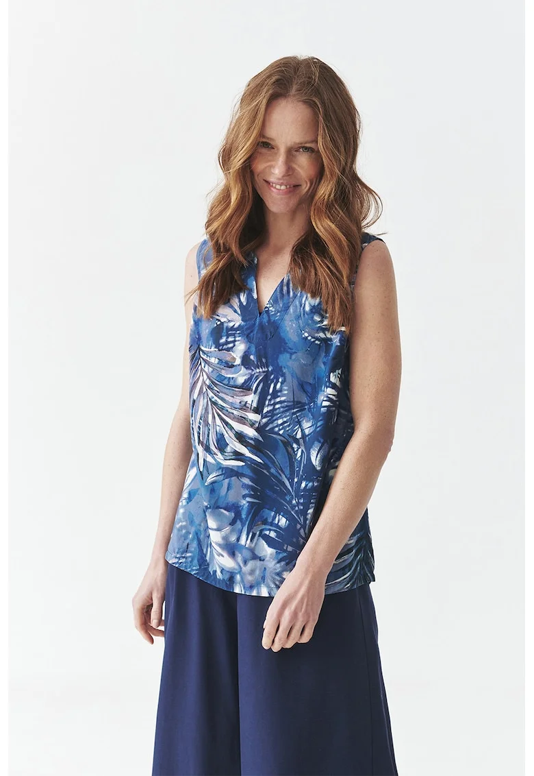 Bluza-tunica cu model, fara maneci, Alb/Albastru inchis