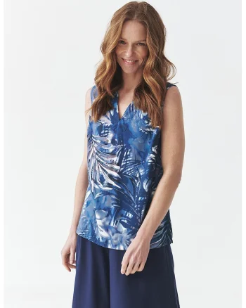 Bluza-tunica cu model, fara maneci, Alb/Albastru inchis