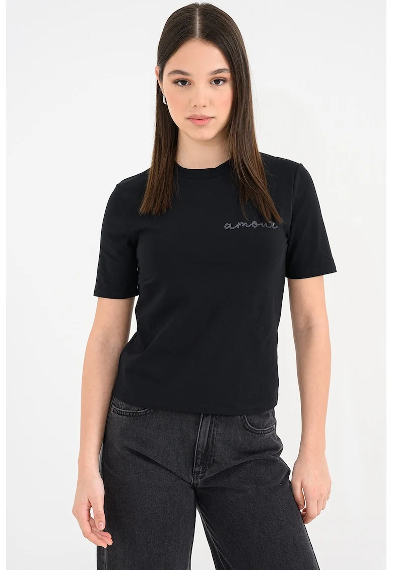Tricou slim fit cu decolteu la baza gatului, Negru