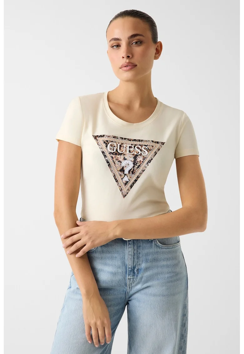 Tricou cu imprimeu logo, Bej/Crem