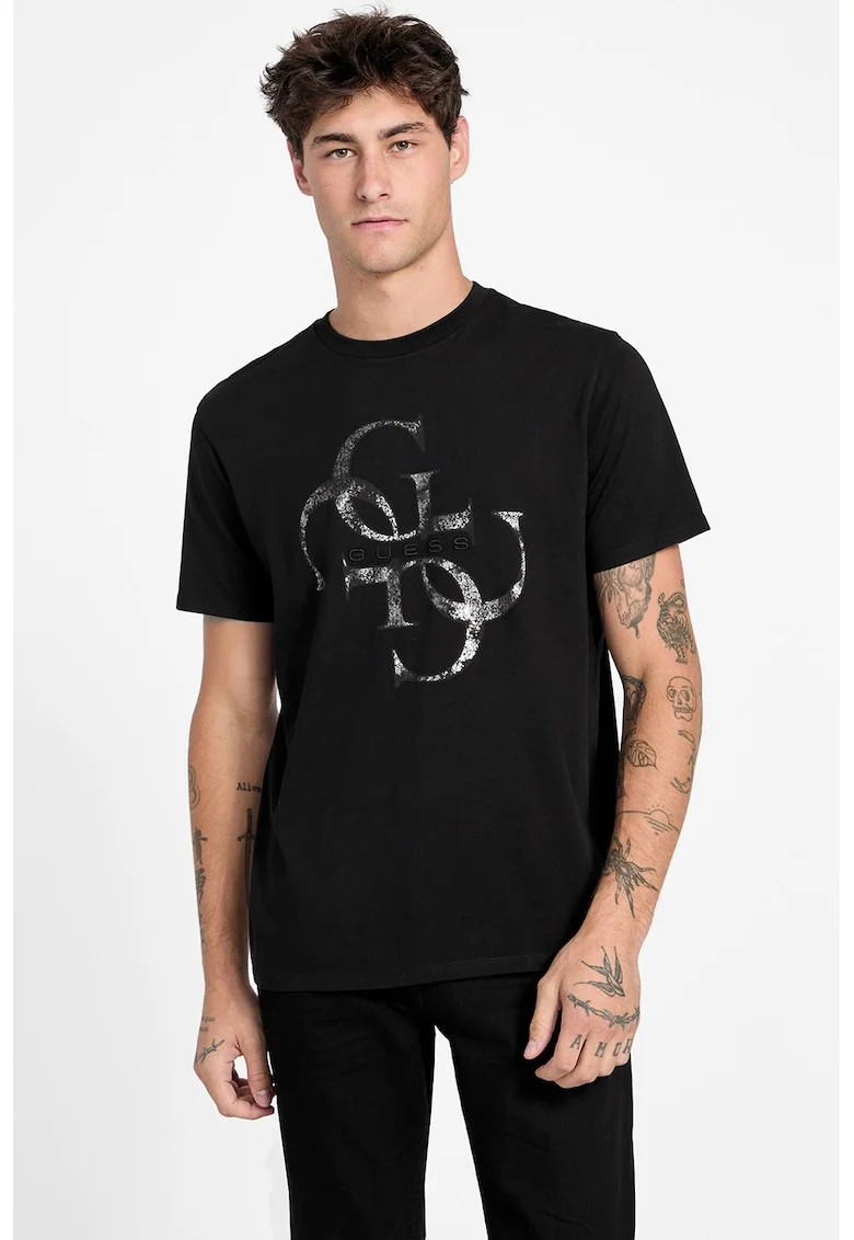 Tricou cu imprimeu cu model monograma, Alb/Negru