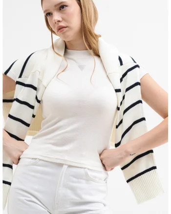 Tricou cambrat cu strasuri, Crem