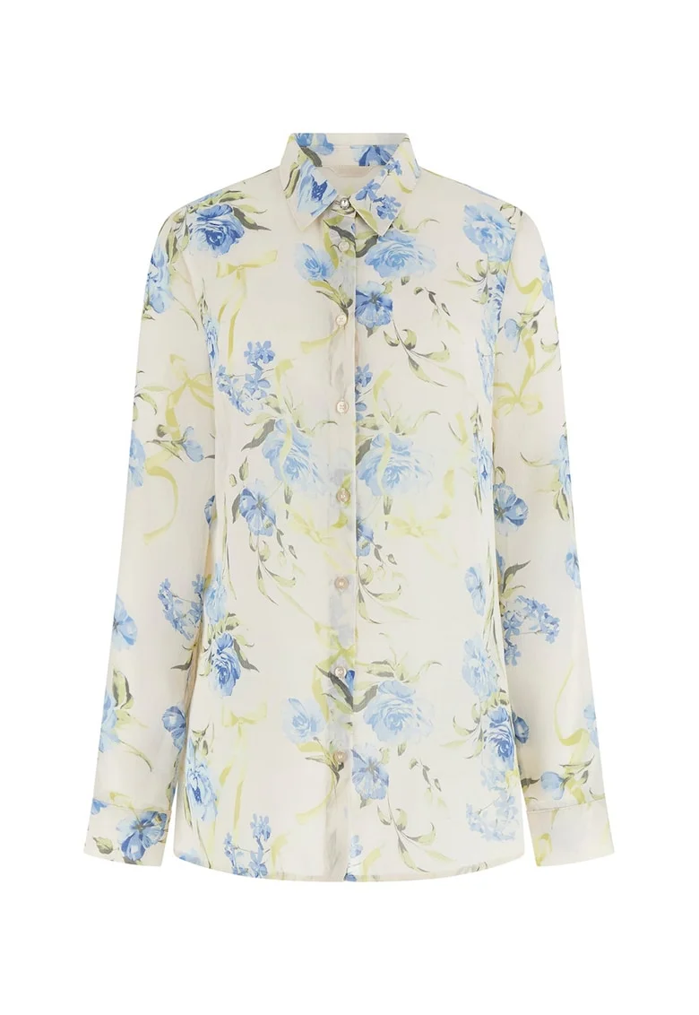 Camasa vaporoasa cu model floral, Alb/Galben/Albastru