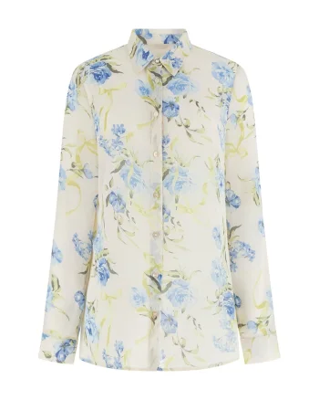 Camasa vaporoasa cu model floral, Alb/Galben/Albastru