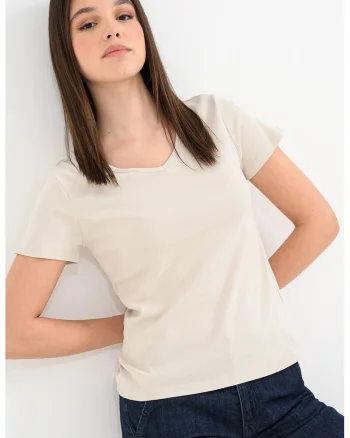Tricou din bumbac cu decolteu in V, Galben pal