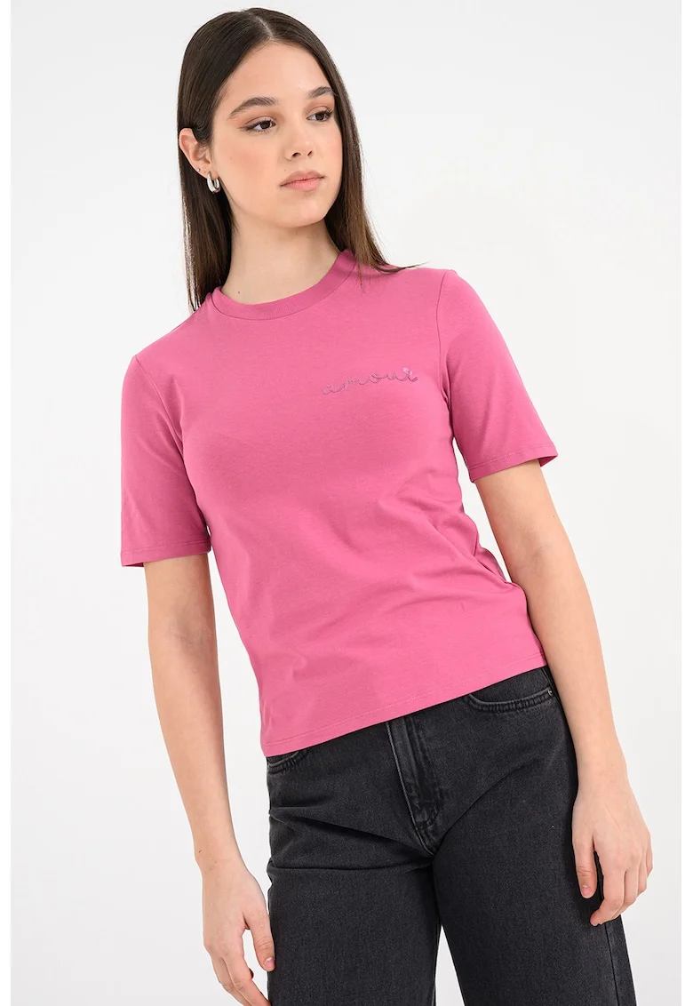 Tricou slim fit cu decolteu la baza gatului, Roz aprins