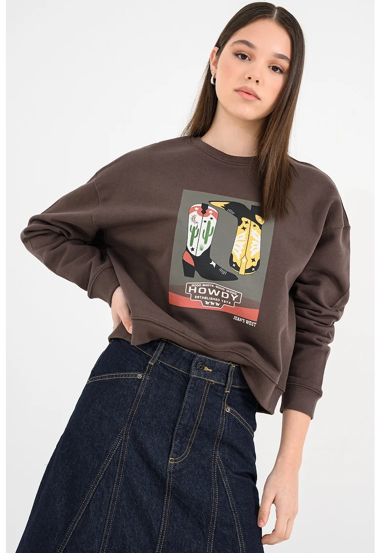 Bluza de trening de bumbac cu imprimeu, Maro pamantiu