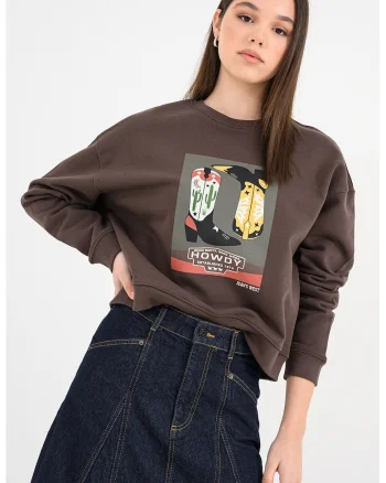 Bluza de trening de bumbac cu imprimeu, Maro pamantiu