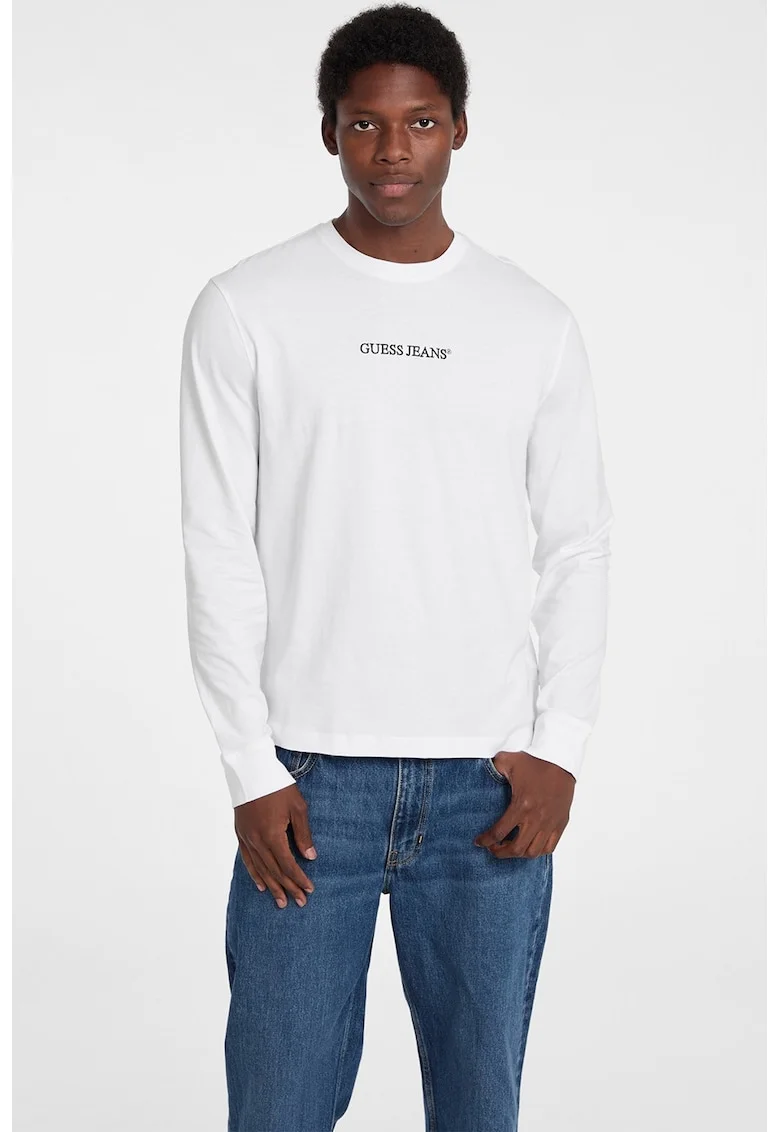 Bluza de bumbac cu logo brodat, Alb optic