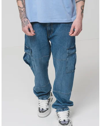 Blugi cargo cu croiala baggy, Albastru melange