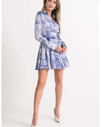Rochie mini evazata cu imprimeu, Gri deschis/Albastru prafuit