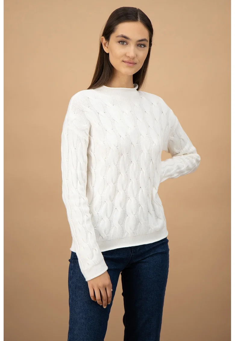 Pulover din amestec de lana cu model cu torsade, Alb