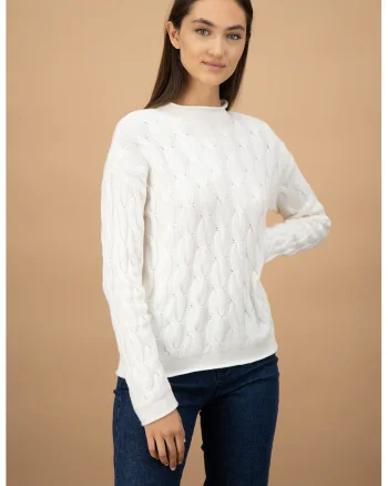 Pulover din amestec de lana cu model cu torsade, Alb
