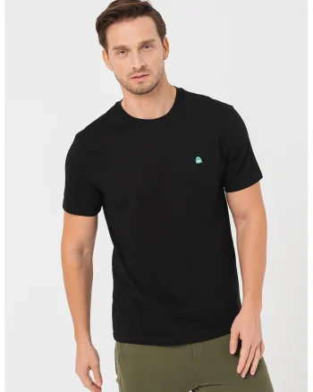 Tricou regular fit cu decolteu la baza gatului, Negru