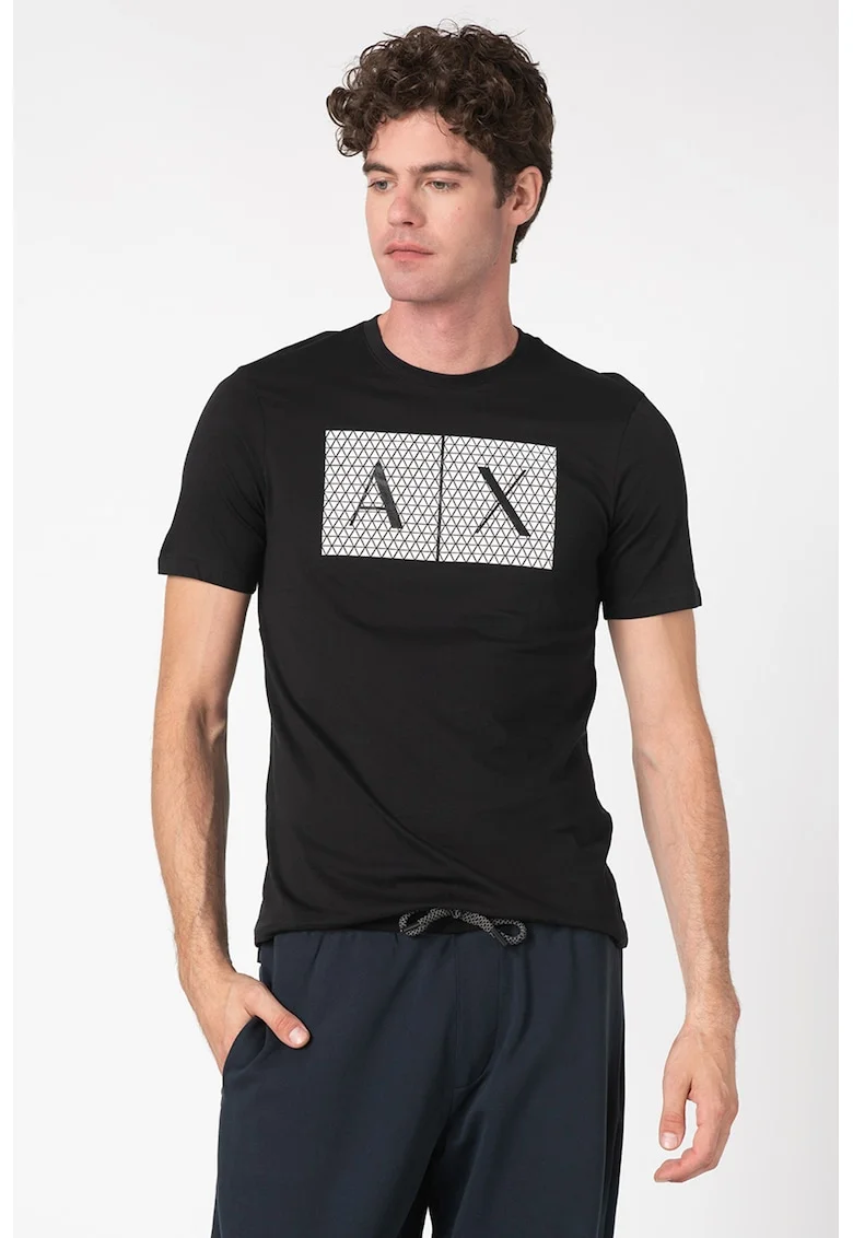 Tricou slim fit de bumbac cu imprimeu logo, Negru