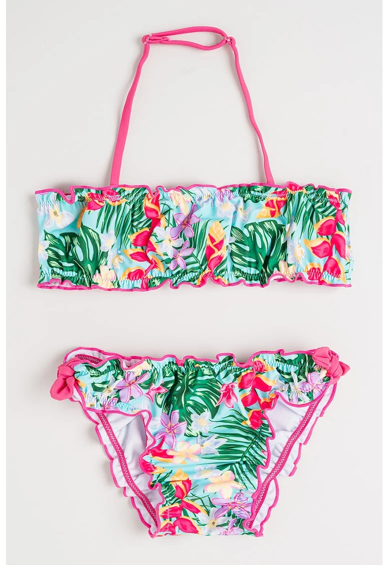 Costum de baie din doua piese cu model tropical, Fucsia/Albastru aquamarin/Verde deschis