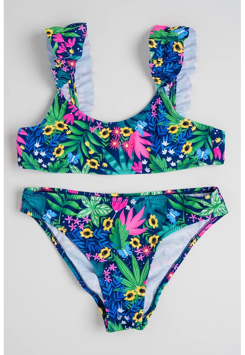 Costum de baie din doua piese cu model tropical, Verde/Roz/Bleumarin