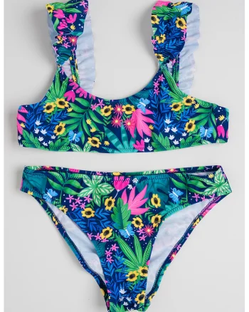 Costum de baie din doua piese cu model tropical, Verde/Roz/Bleumarin