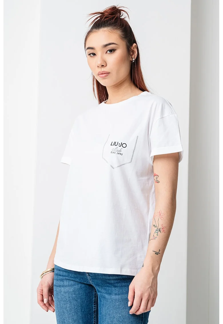 Tricou de bumbac cu decolteu la baza gatului, Alb