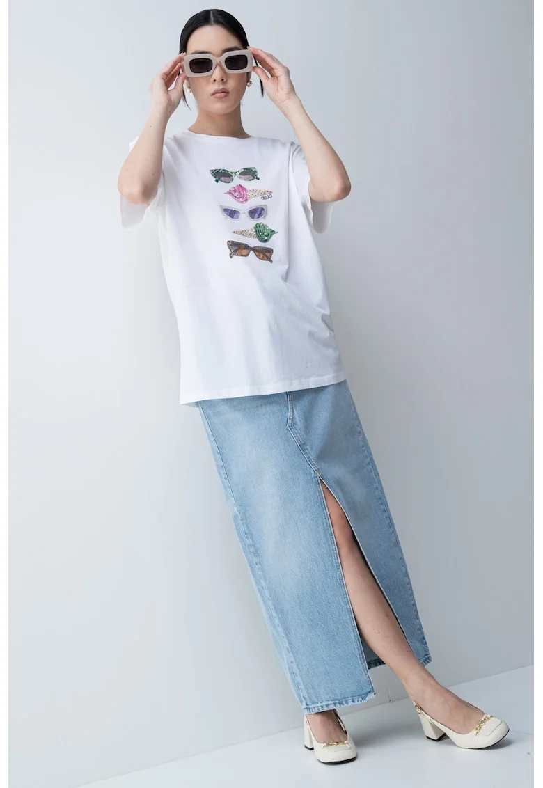 Tricou lejer cu strasuri, Alb/Verde/Roz