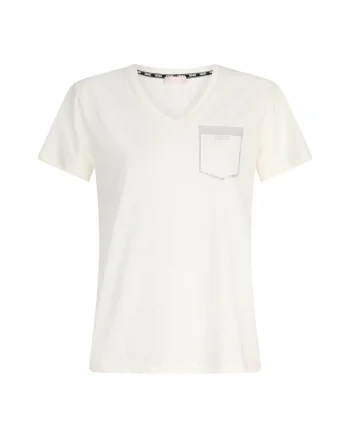 Tricou cu decolteu in V si buzunar fals cu strasuri, Alb