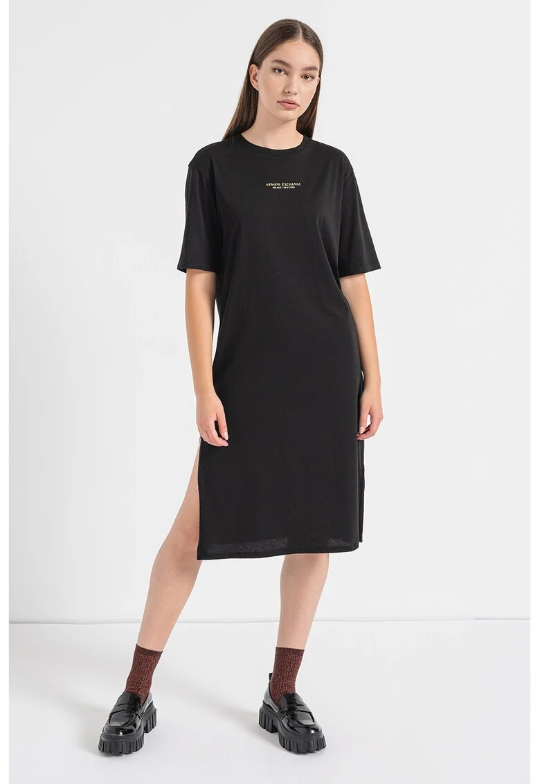 Rochie-tricou cu slit lateral, Alb/Negru stins