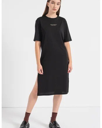 Rochie-tricou cu slit lateral, Alb/Negru stins