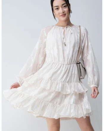 Rochie scurta cu maneci lungi si volane, Crem