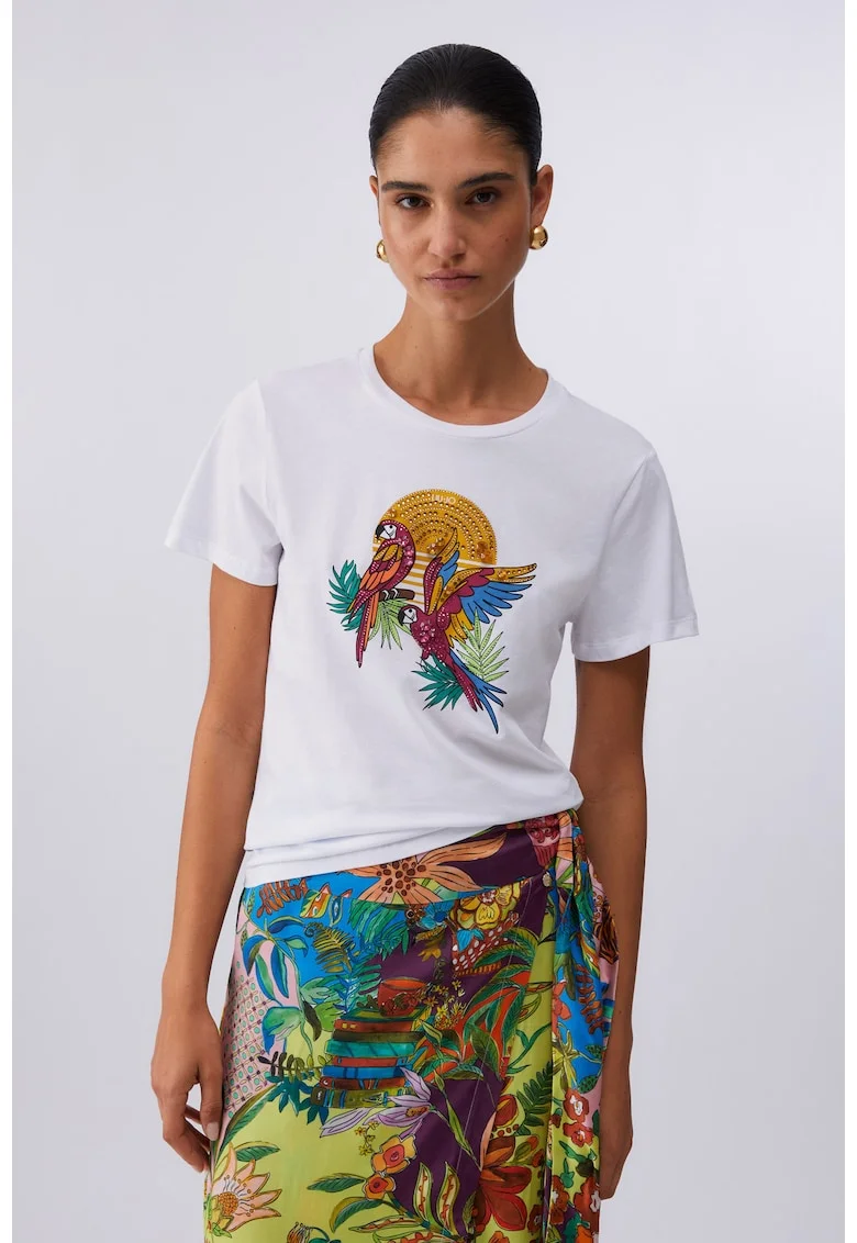 Tricou regular-fit cu aplicatie cu margele, Alb/Verde/Galben