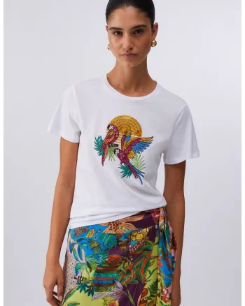 Tricou regular-fit cu aplicatie cu margele, Alb/Verde/Galben