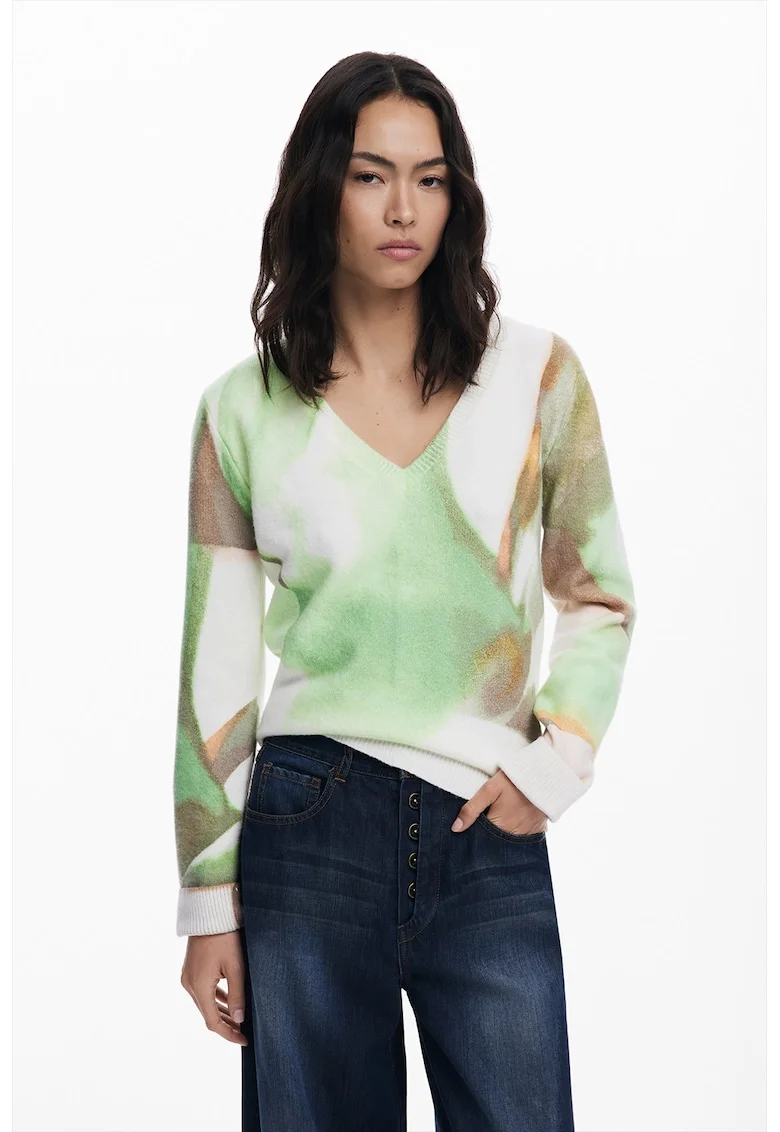 Pulover cu decolteu in V si model abstract, Alb fildes/Verde lime/Gri inchis