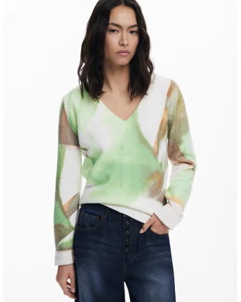 Pulover cu decolteu in V si model abstract, Alb fildes/Verde lime/Gri inchis