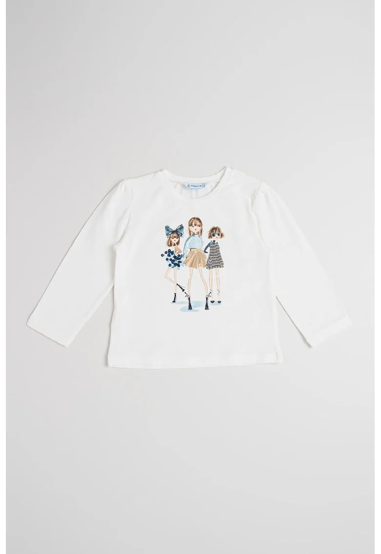 Bluza cu imprimeu grafic si paiete, Alb fildes/Albastru prafuit