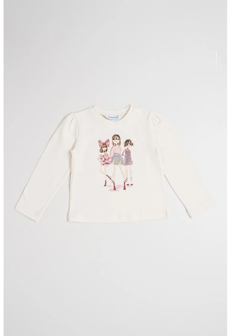 Bluza cu imprimeu grafic si paiete, Alb fildes/Lila
