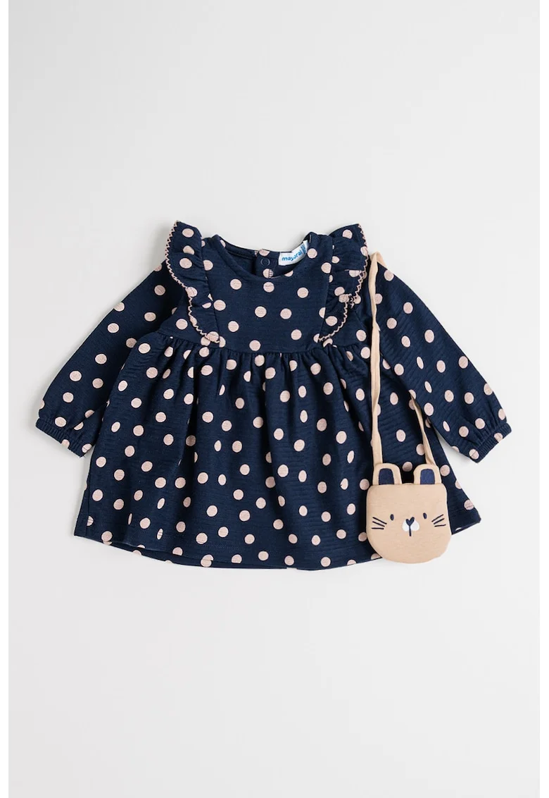 Rochie cu maneci lungi si buline, Roz pal/Bleumarin