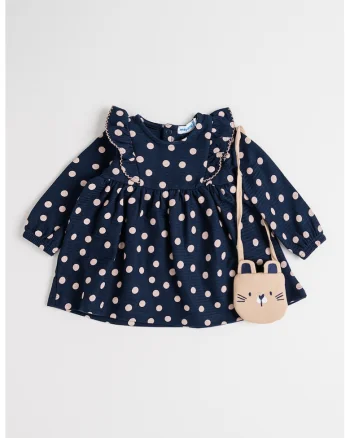 Rochie cu maneci lungi si buline, Roz pal/Bleumarin