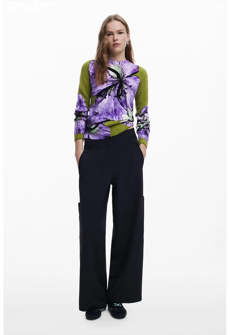 Pulover tricotat cu imprimeu floral, Verde/Alb murdar/Ametist