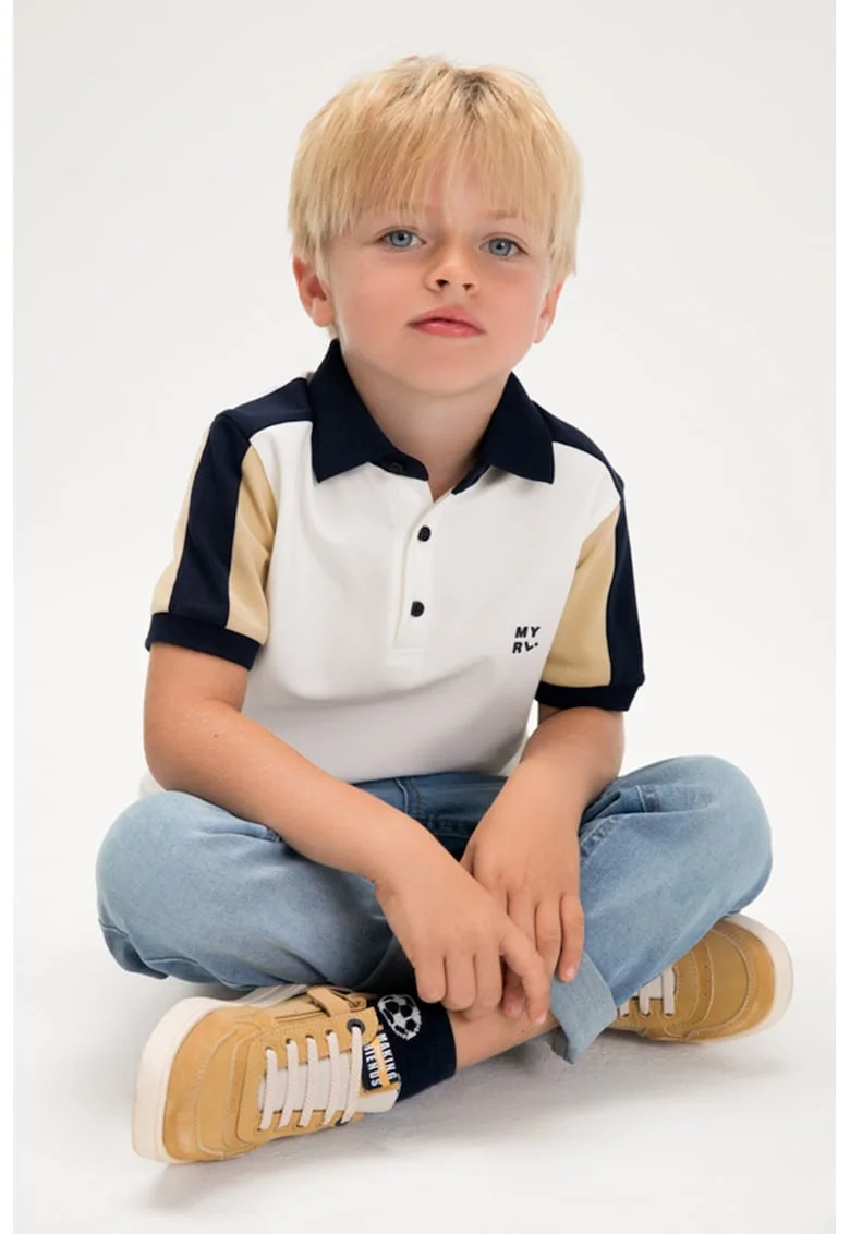Tricou polo cu model colorblock, Alb fildes/Bleumarin
