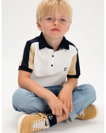 Tricou polo cu model colorblock, Alb fildes/Bleumarin
