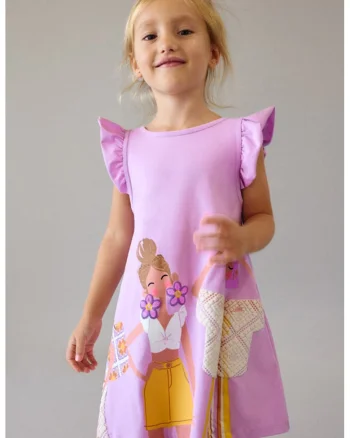 Rochie cu imprimeu si maneci scurte cu volane, Bej/Lila