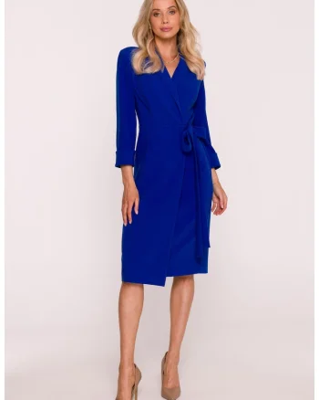 Rochie Midi, S415 bordo Decolteu in V, Guler Sal, Maneci 7/8, Legatura in talie, Material neted cu finisaj moale, Partial captusita, Stil infasurat, Albastru